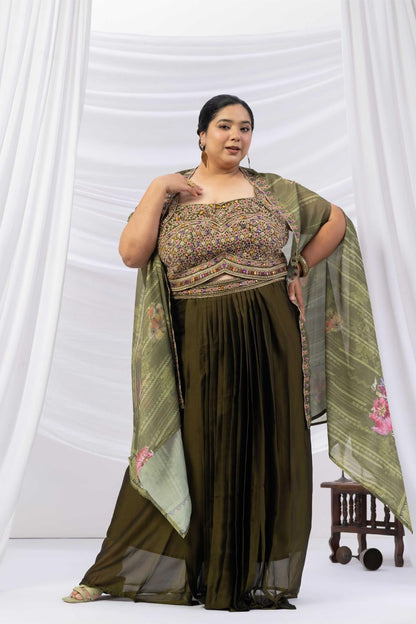 Deep Olive Green Skirt Cape set