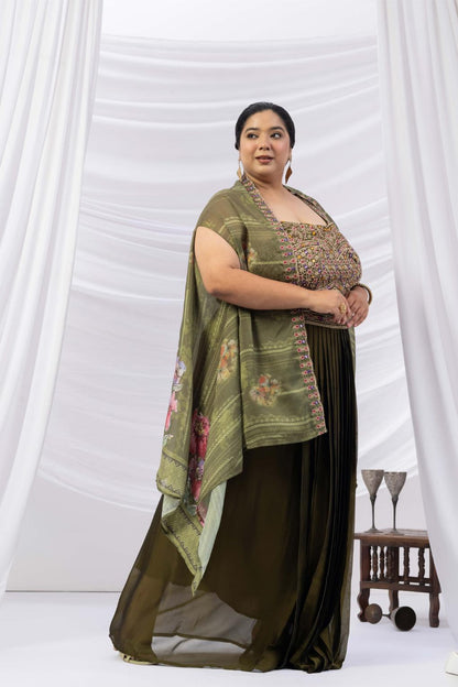 Deep Olive Green Skirt Cape set