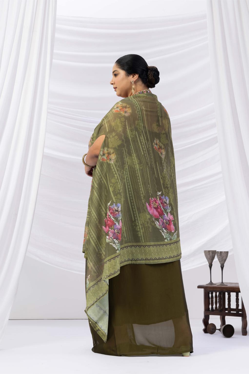 Deep Olive Green Skirt Cape set