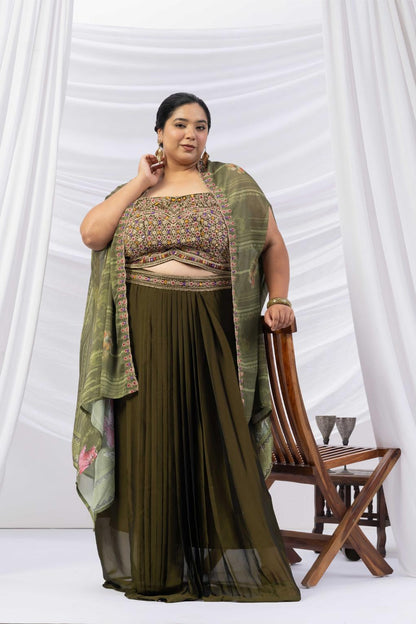 Deep Olive Green Skirt Cape set