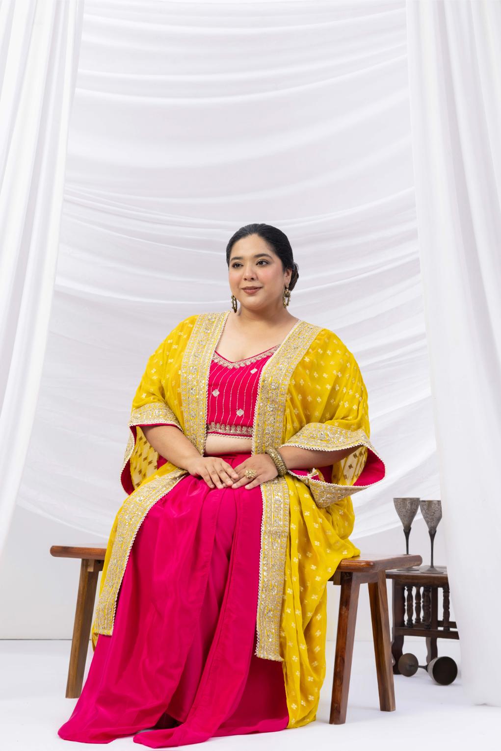 Magenta Pink Draped Skirt Set with Embellished Blouse &amp; Yellow Cape