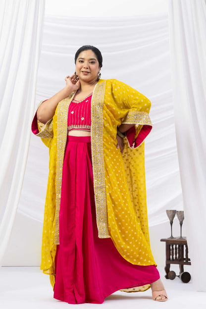Magenta Pink Draped Skirt Set with Embellished Blouse &amp; Yellow Cape