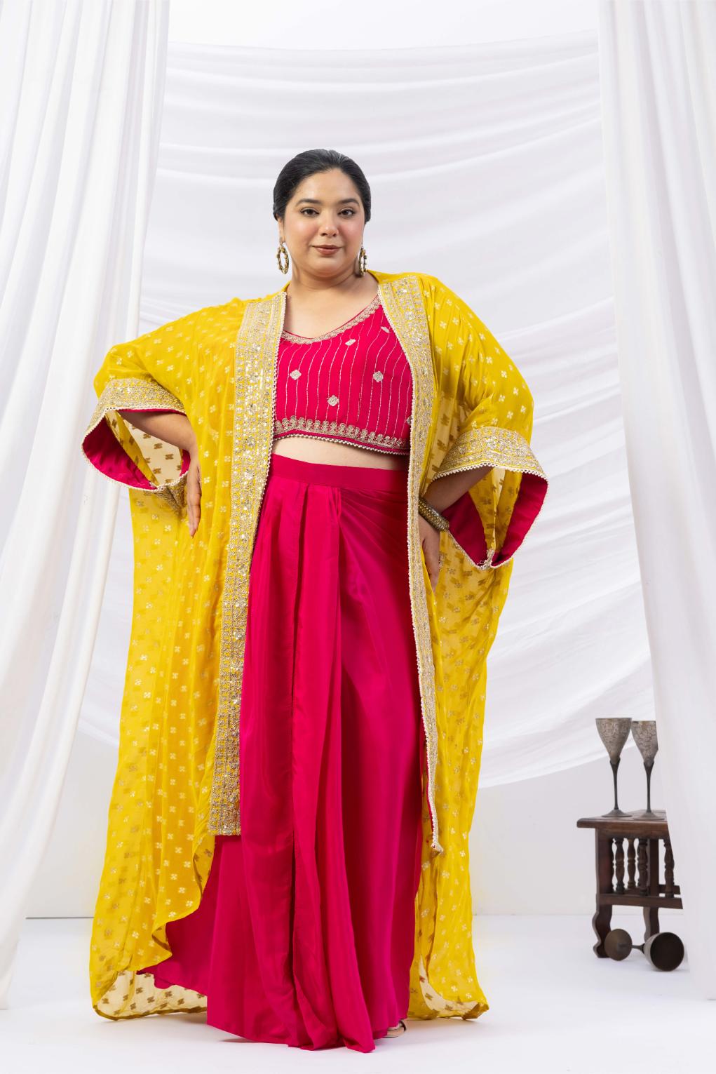Magenta Pink Draped Skirt Set with Embellished Blouse &amp; Yellow Cape
