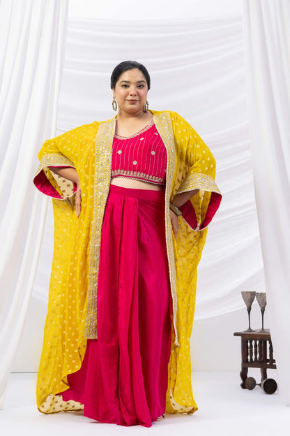 Magenta Pink Draped Skirt Set with Embellished Blouse &amp; Yellow Cape