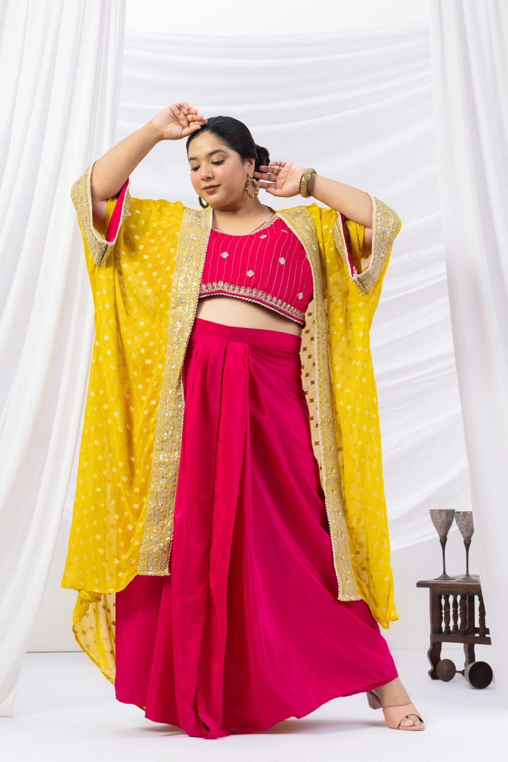 Magenta Pink Draped Skirt Set with Embellished Blouse &amp; Yellow Cape