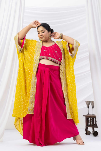 Magenta Pink Draped Skirt Set with Embellished Blouse &amp; Yellow Cape