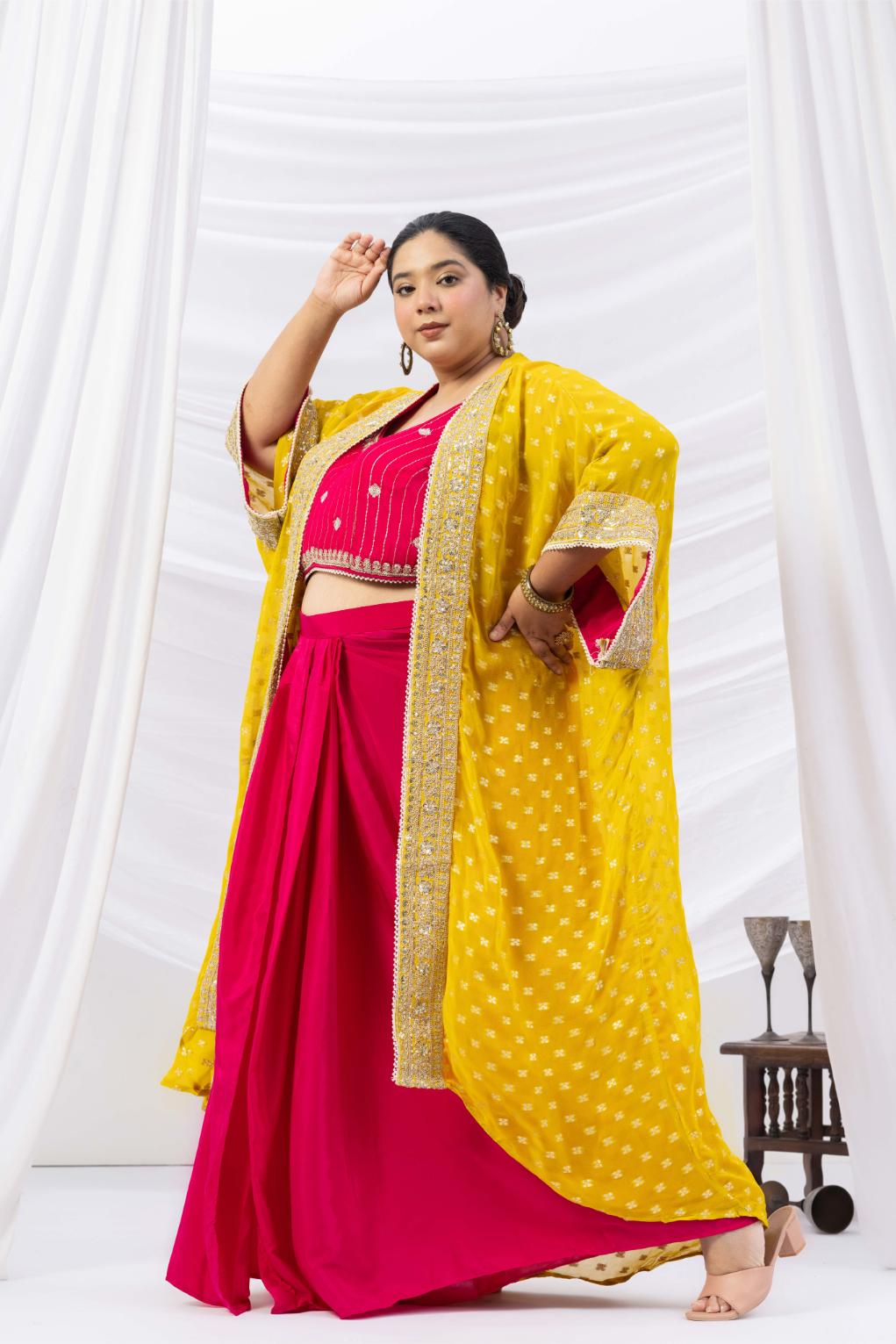 Magenta Pink Draped Skirt Set with Embellished Blouse &amp; Yellow Cape