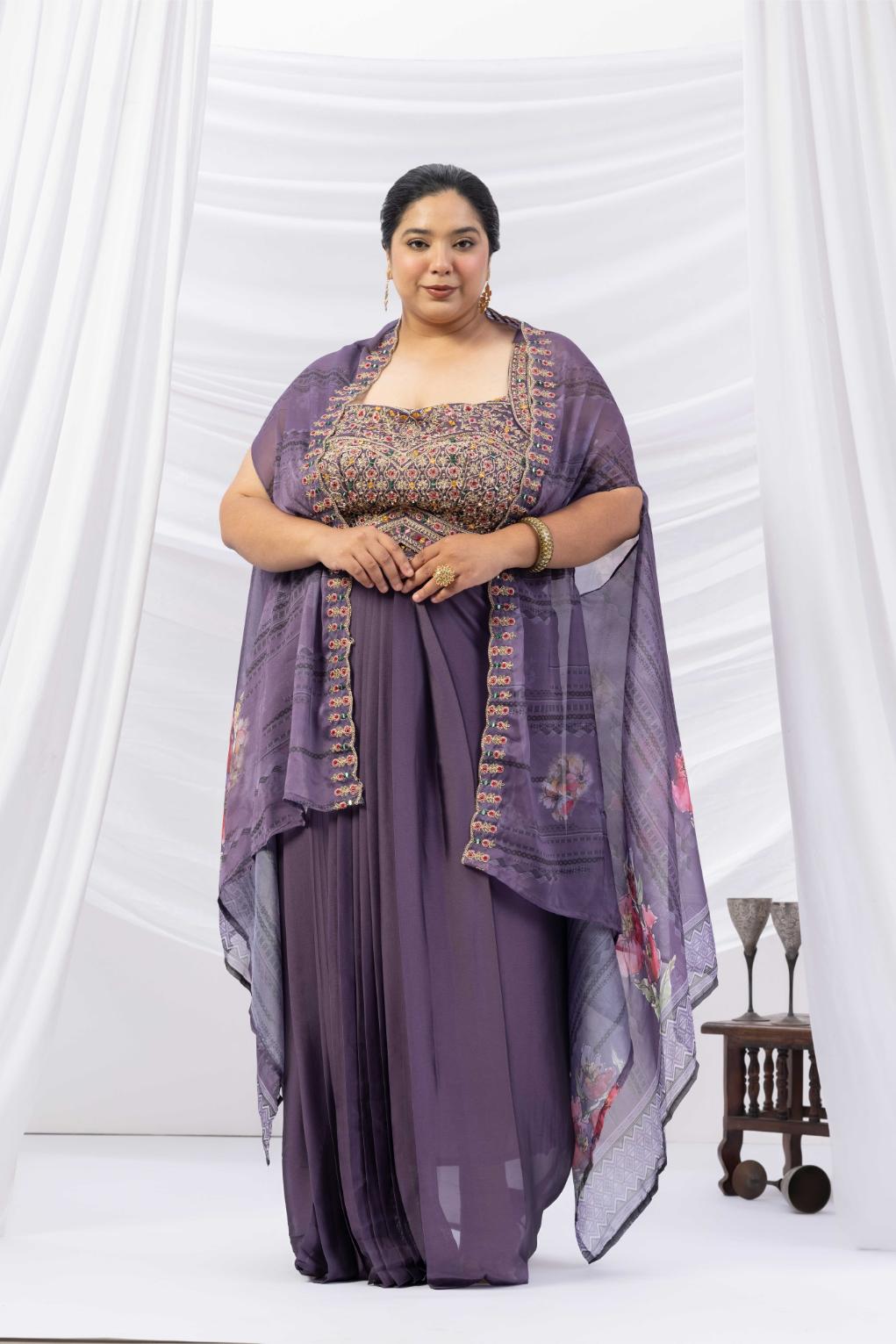 Purple Skirt Set With Cape
