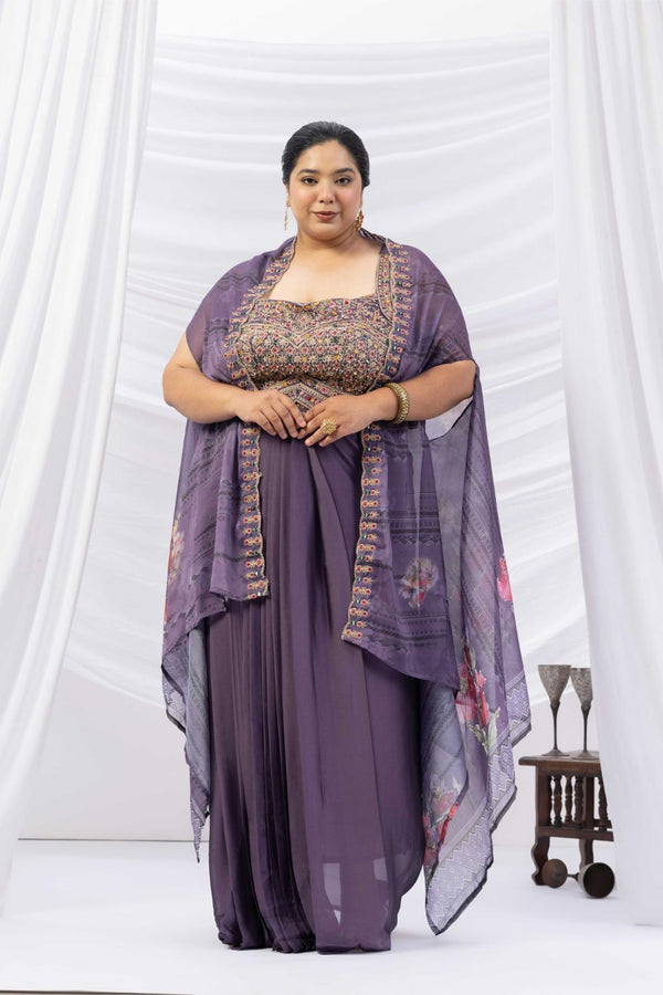 Purple Skirt Set With Cape