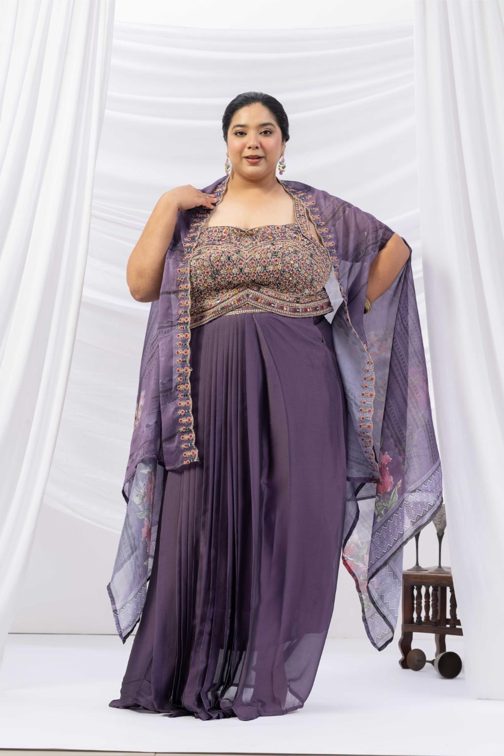 Purple Skirt Set With Cape