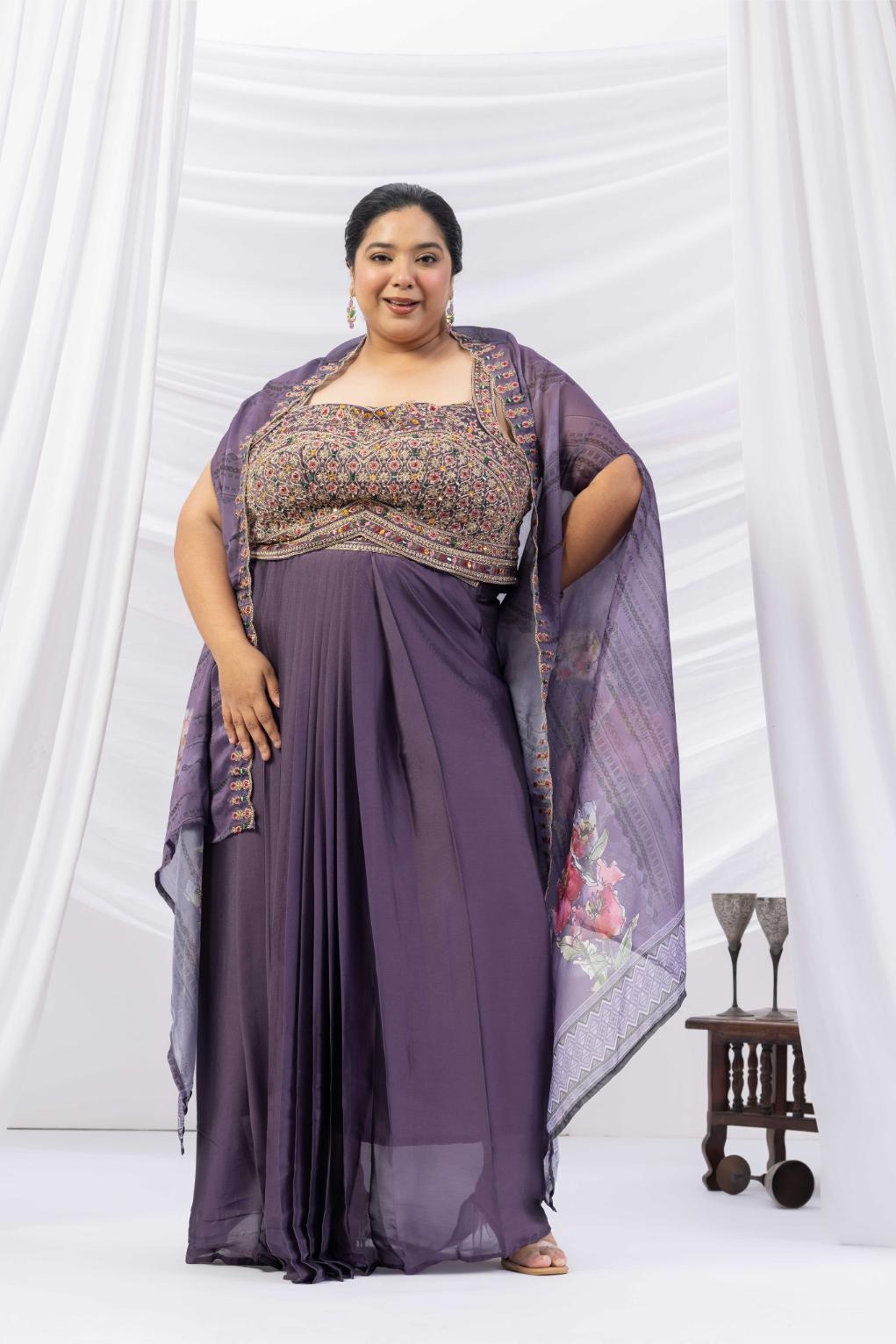Purple Skirt Set With Cape