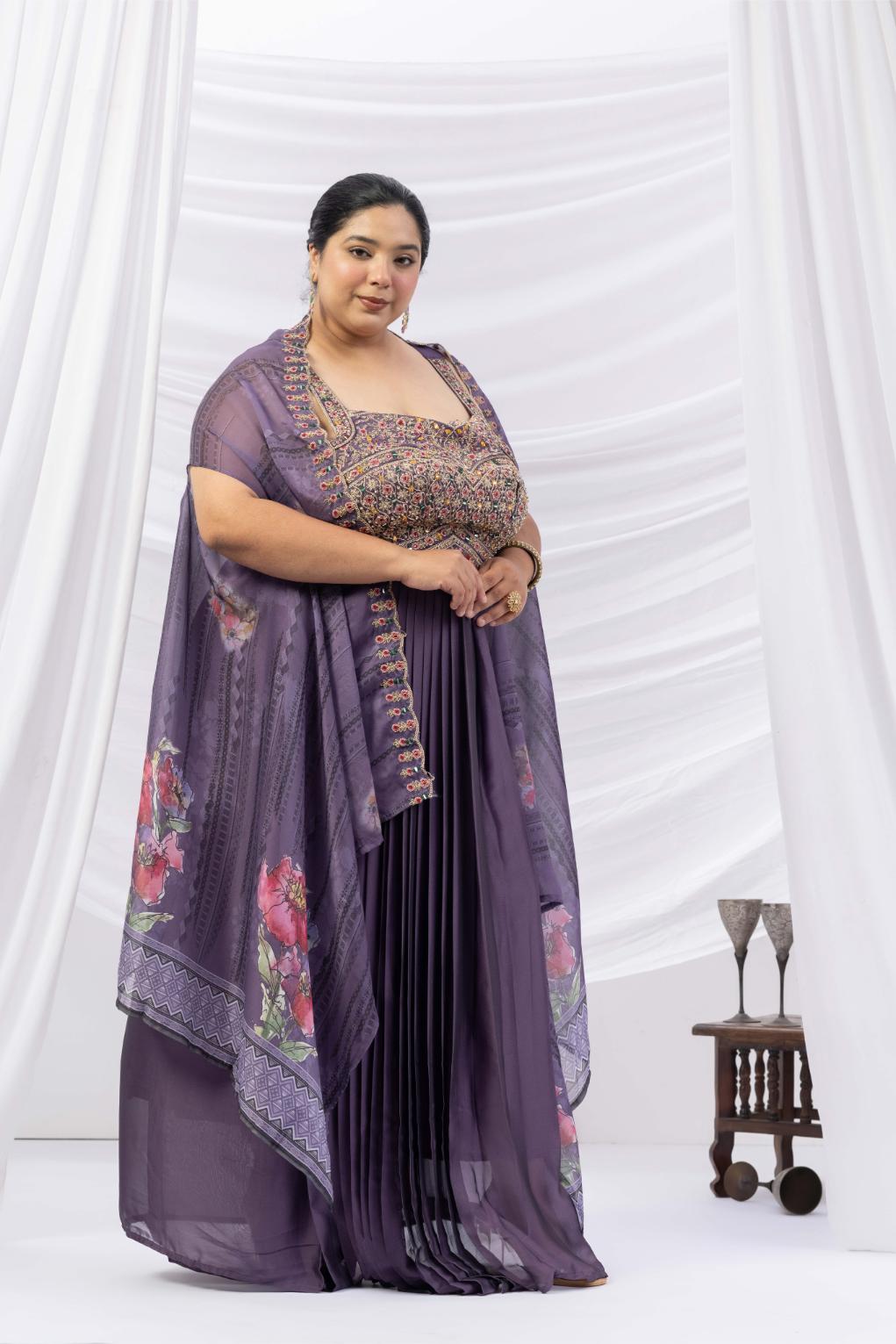 Purple Skirt Set With Cape