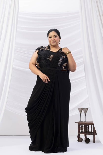 Noir Muse One-Shoulder Black Saree Ensemble