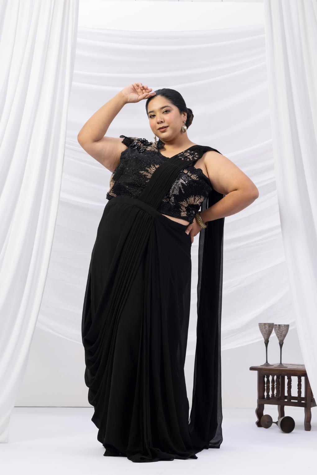 Noir Muse One-Shoulder Black Saree Ensemble