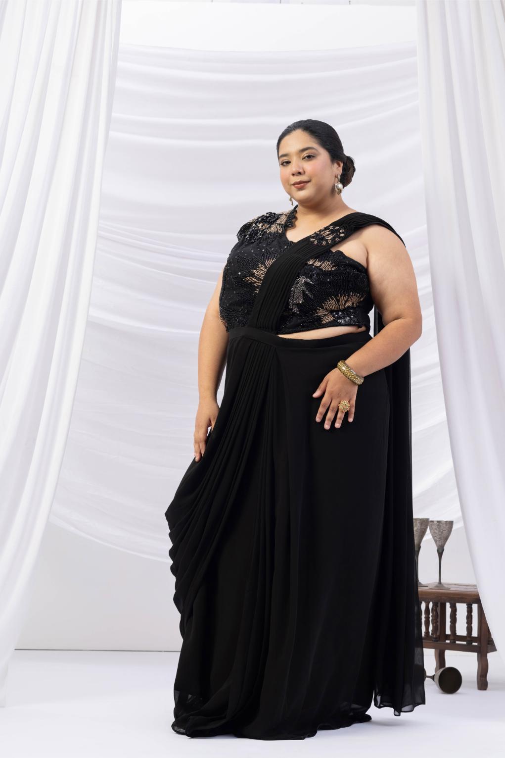 Noir Muse One-Shoulder Black Saree Ensemble