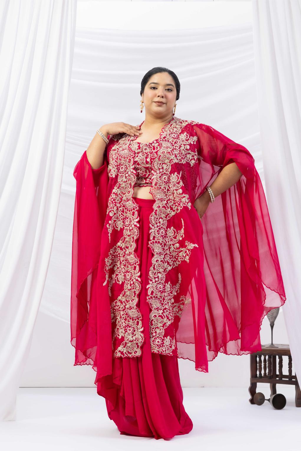 Magenta Pink Crepe Draped Set with Embroidered Cape
