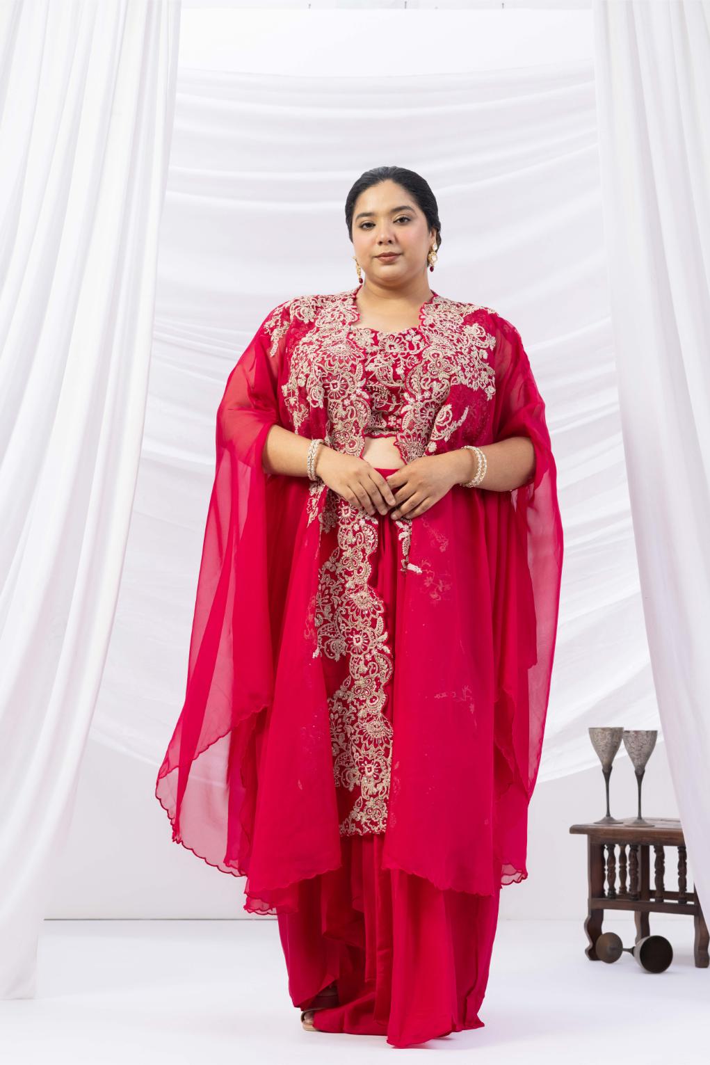 Magenta Pink Crepe Draped Set with Embroidered Cape