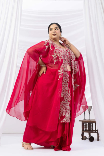 Magenta Pink Crepe Draped Set with Embroidered Cape