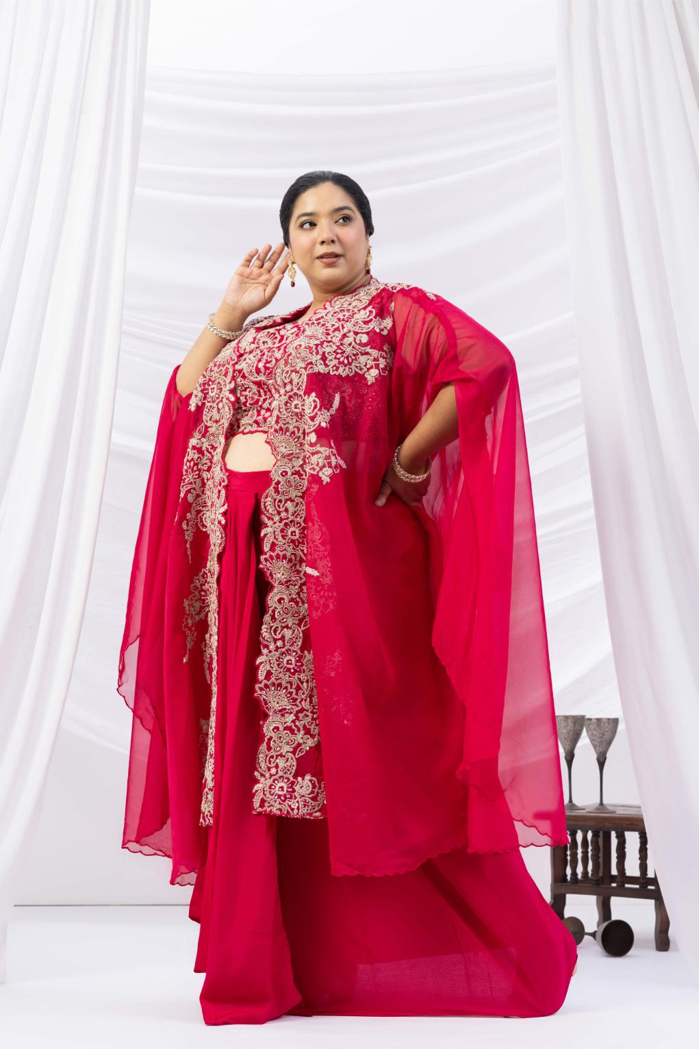 Magenta Pink Crepe Draped Set with Embroidered Cape