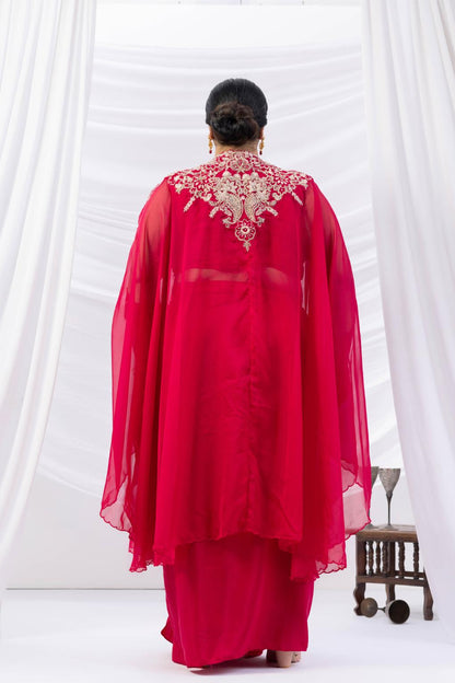 Magenta Pink Crepe Draped Set with Embroidered Cape