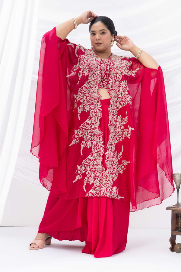 Magenta Pink Crepe Draped Set with Embroidered Cape