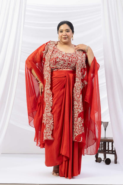 Orange Crepe Draped set with Embroidered Cape