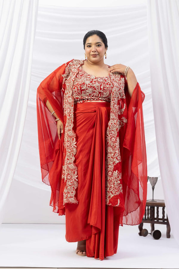 Orange Crepe Draped set with Embroidered Cape