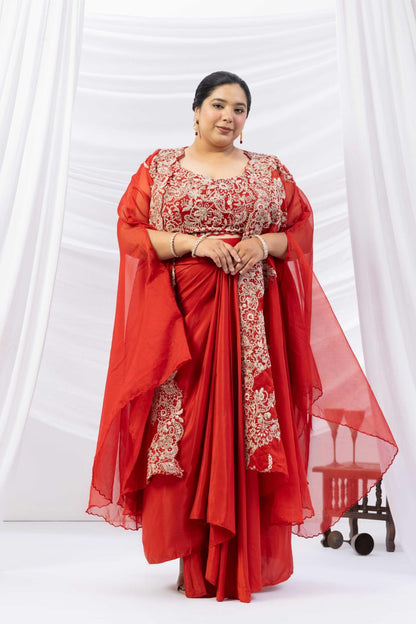 Orange Crepe Draped set with Embroidered Cape