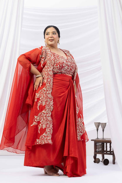 Orange Crepe Draped set with Embroidered Cape