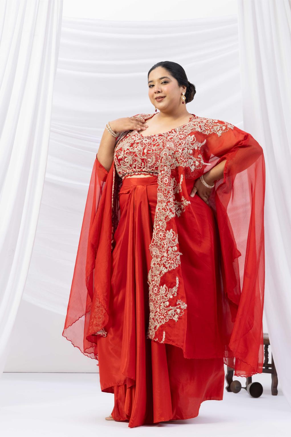 Orange Crepe Draped set with Embroidered Cape