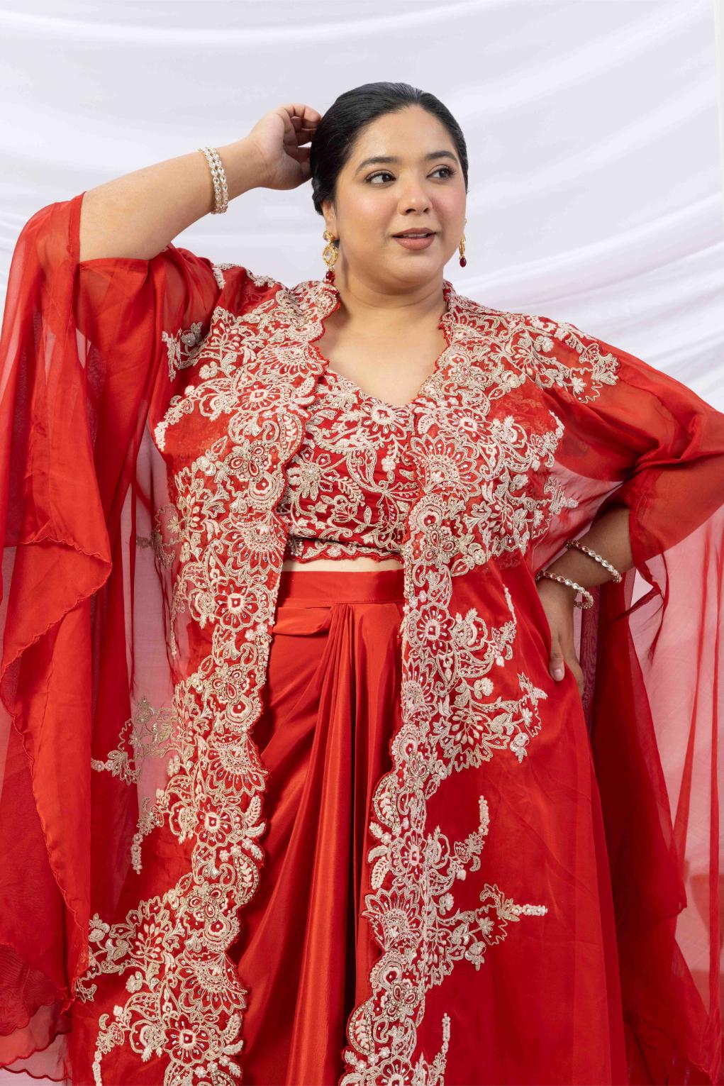 Orange Crepe Draped set with Embroidered Cape