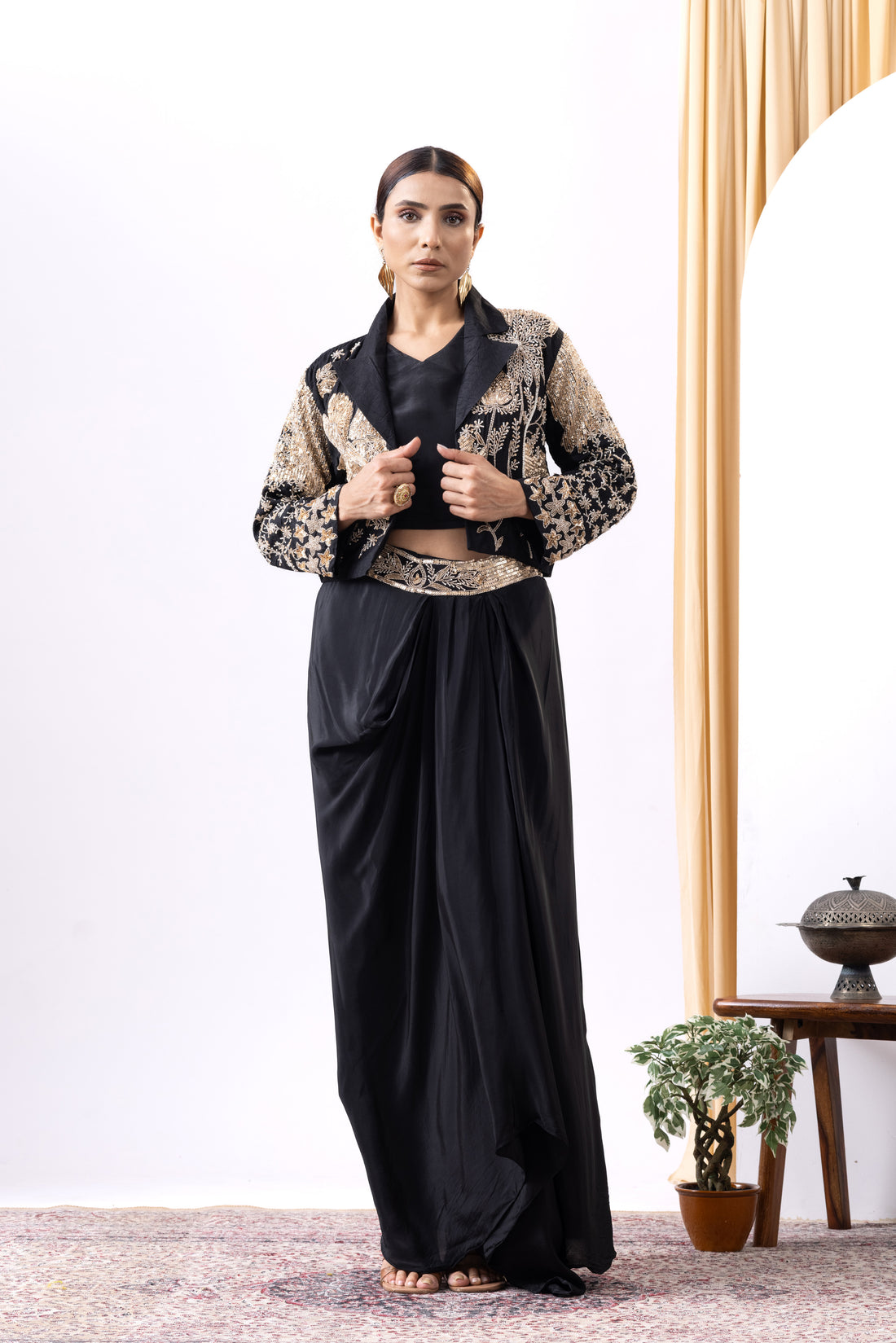 Black Golden Cropped Blazer & Draped Skirt Set
