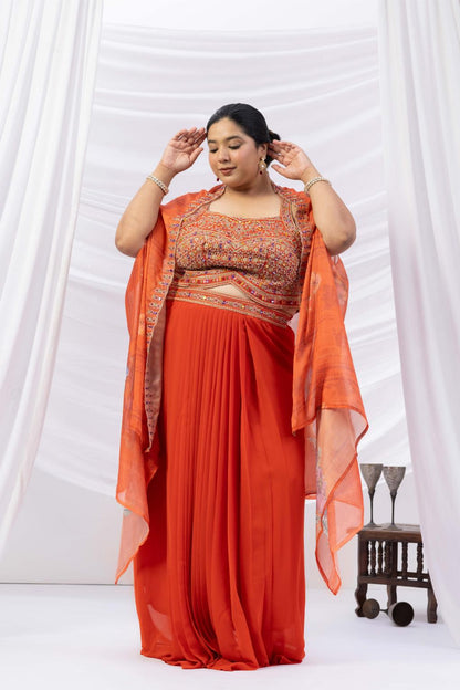Orange Skirt Set with Cape
