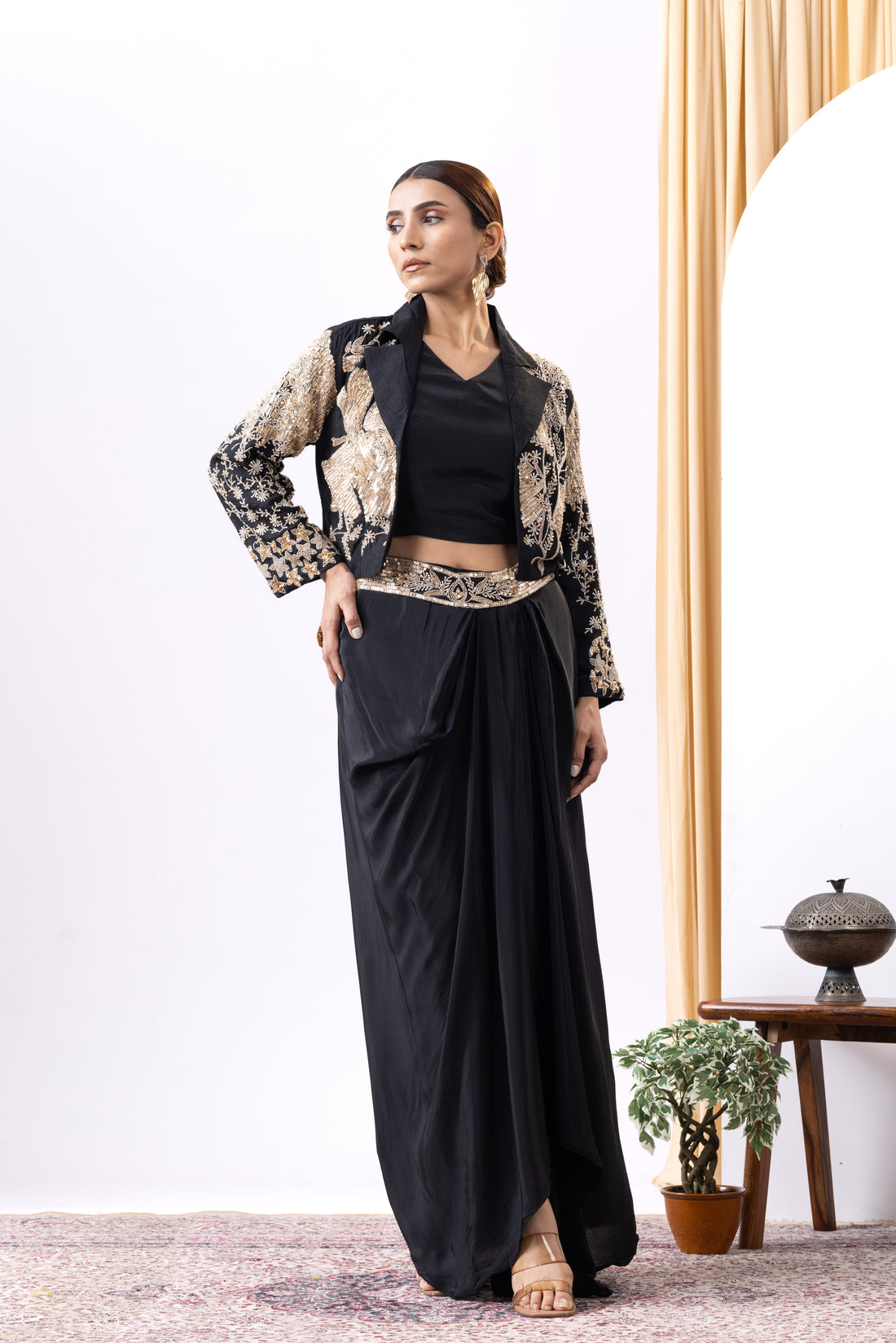 Black Golden Cropped Blazer & Draped Skirt Set