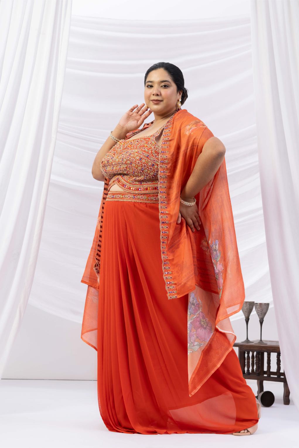 Orange Skirt Set with Cape
