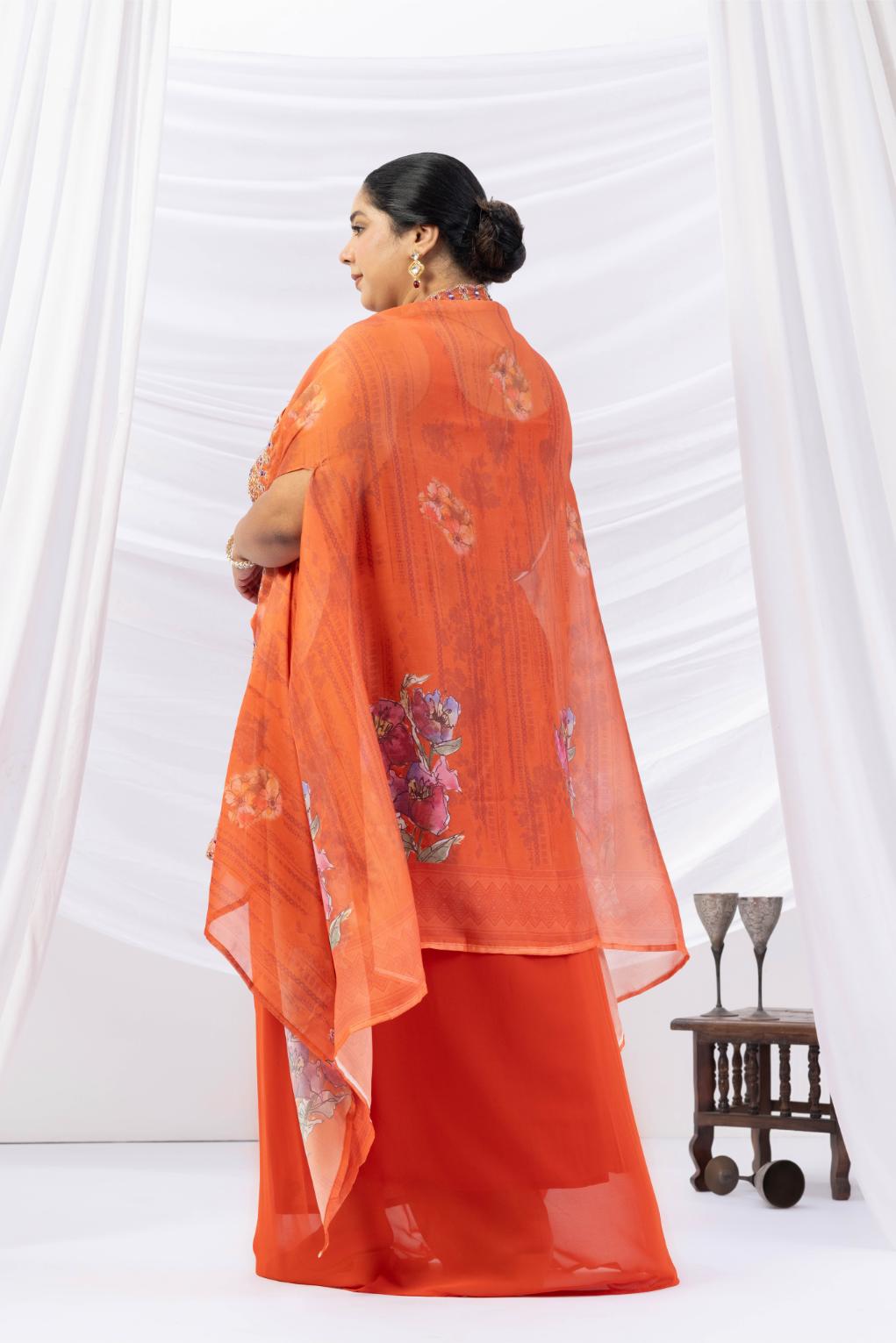 Orange Skirt Set with Cape