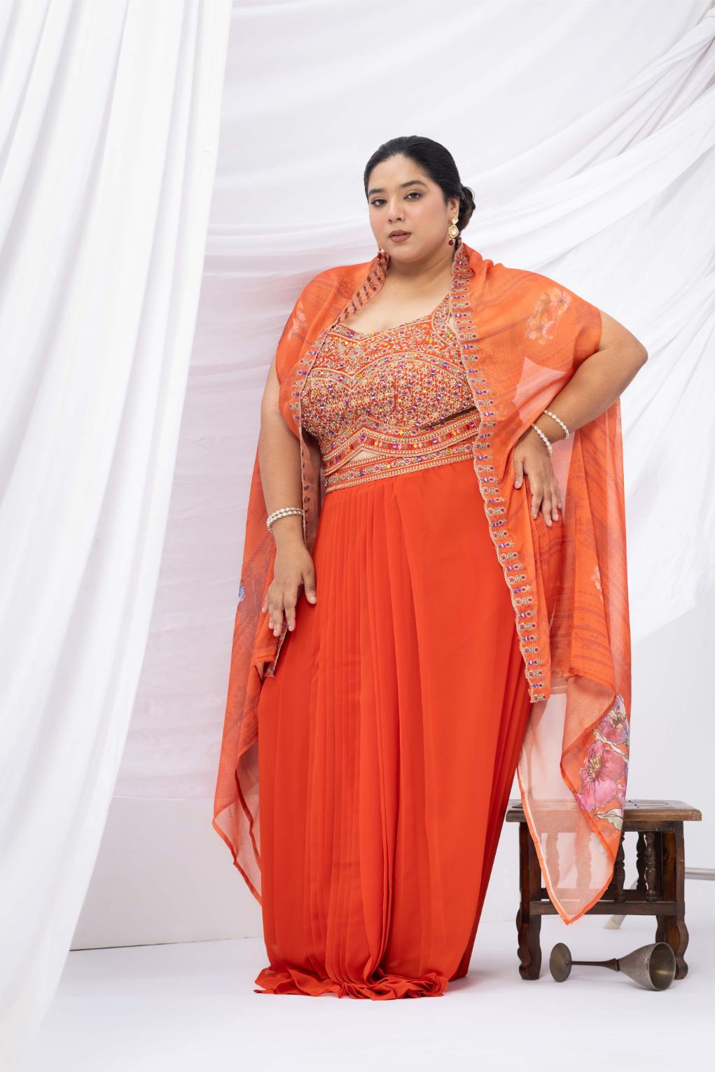 Orange Skirt Set with Cape