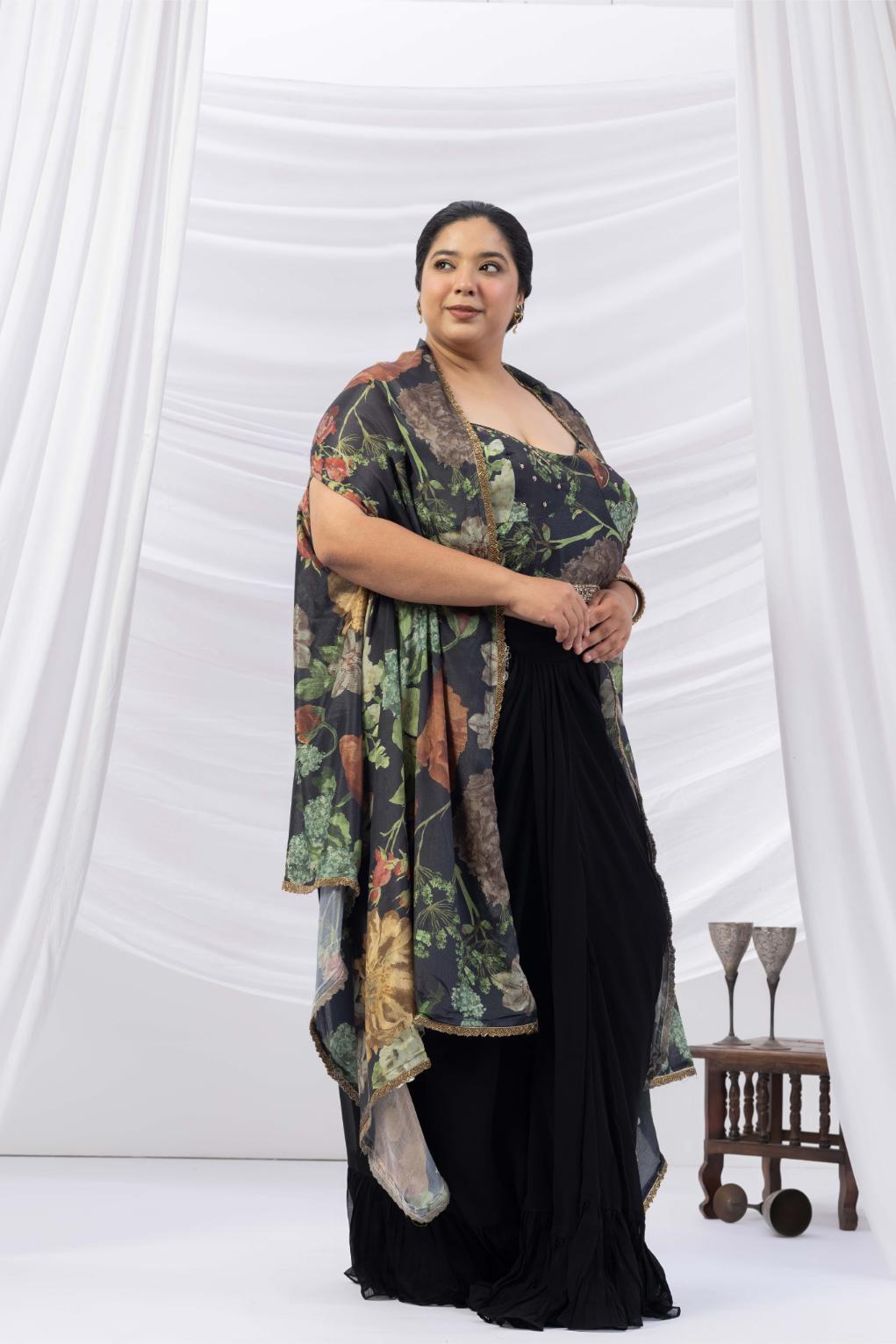 Black Floral Print Drape Skirt, Choli &amp; Cape Set