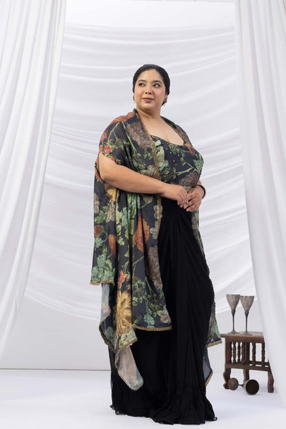 Black Floral Print Drape Skirt, Choli &amp; Cape Set