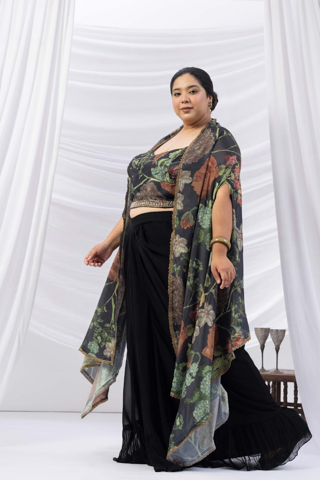Black Floral Print Drape Skirt, Choli &amp; Cape Set
