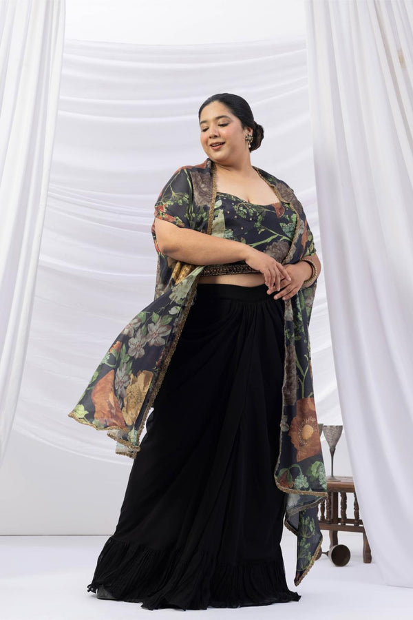 Black Floral Print Drape Skirt, Choli & Cape Set