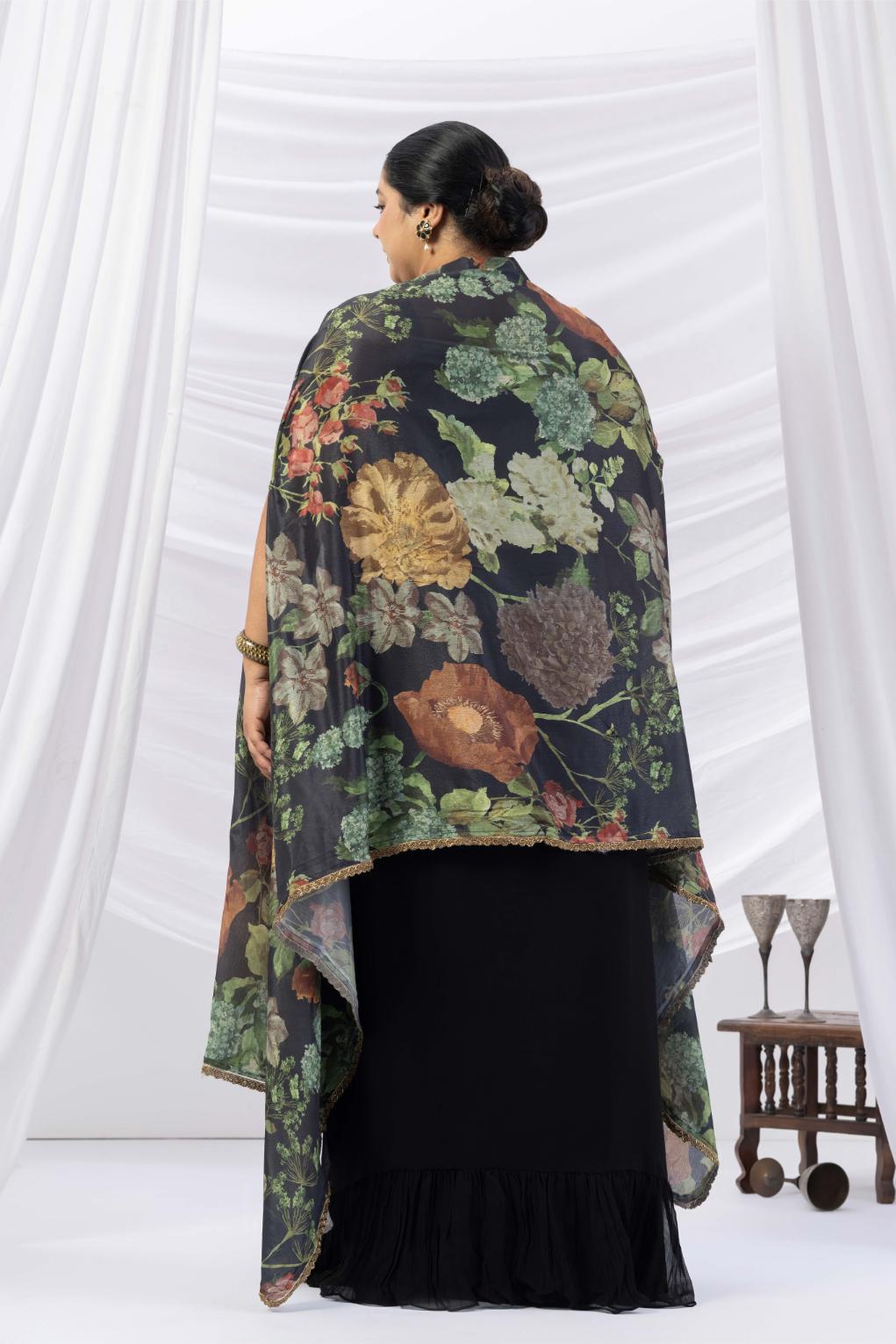 Black Floral Print Drape Skirt, Choli &amp; Cape Set