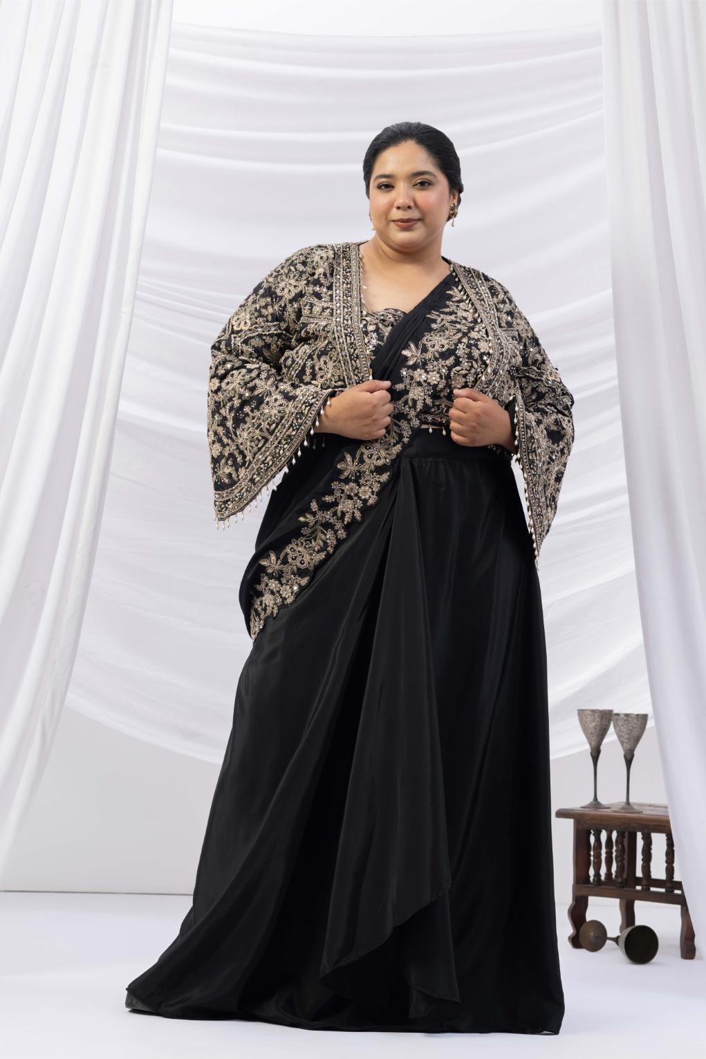 Black Royale Jacket Saree Set