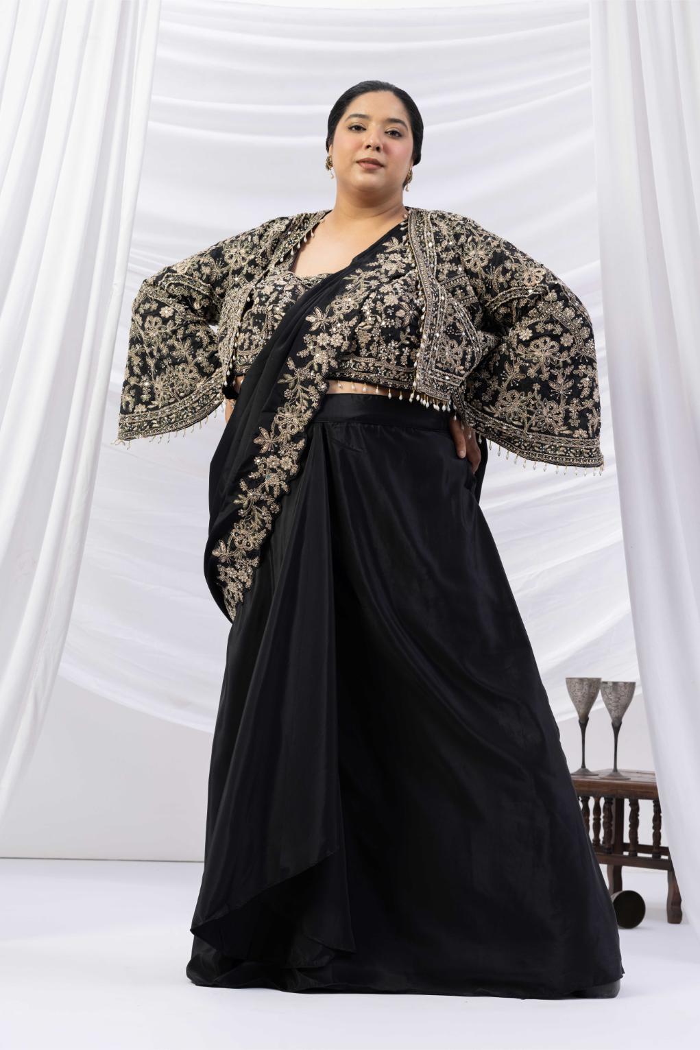 Black Royale Jacket Saree Set