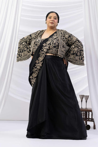 Black Royale Jacket Saree Set