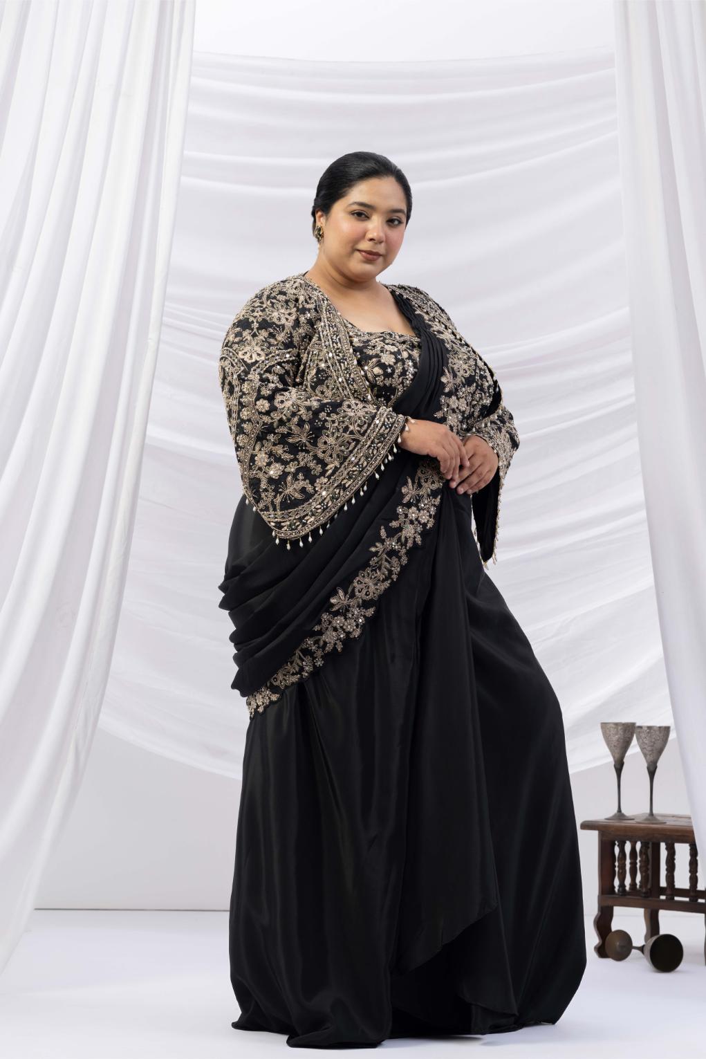 Black Royale Jacket Saree Set