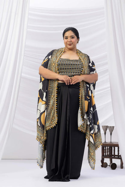 Black Drape Dhoti with Printed Cape Jacket