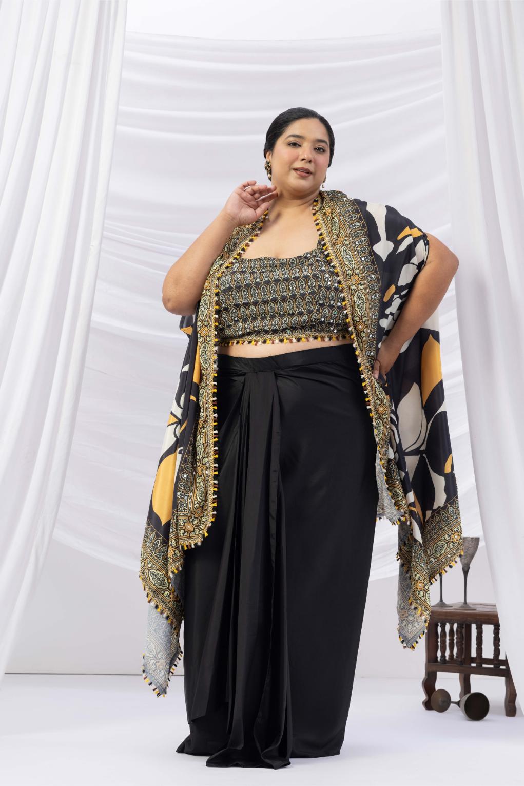 Black Drape Dhoti with Printed Cape Jacket