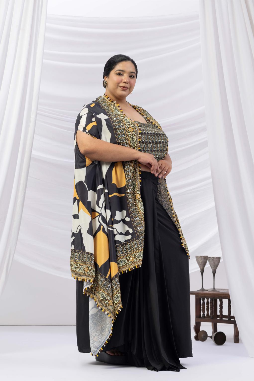 Black Drape Dhoti with Printed Cape Jacket