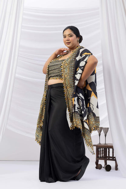Black Drape Dhoti with Printed Cape Jacket